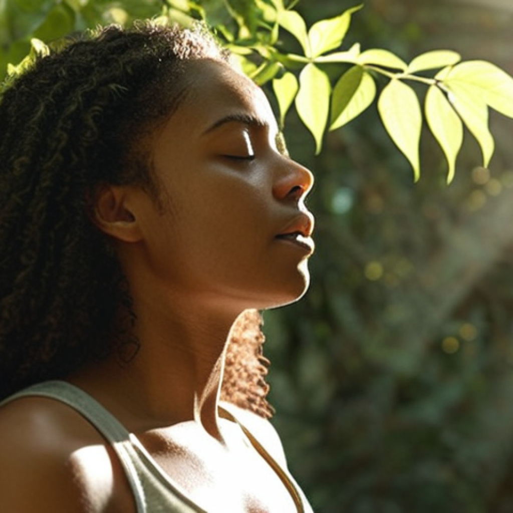 **A serene woman practicing diaphragmatic breathing outdoors, sunlight dappling through leaves. Focus on peaceful expression, natural lighting, and calm atmosphere.**