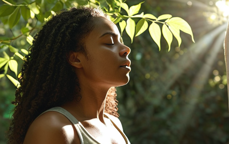 **A serene woman practicing diaphragmatic breathing outdoors, sunlight dappling through leaves. Focus on peaceful expression, natural lighting, and calm atmosphere.**
