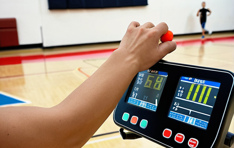 **
A person performing a "Bleep Test" (shuttle run) in a school gymnasium. Focus on the cardiovascular exertion and the effort being put into the activity. Include a timer or display showing the level of the test to indicate intensity.
**