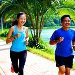 A vibrant scene of a fit individual, ethnically diverse (reflecting Malaysian demographics), joyfully jogging along the scenic lakeside path of a tranquil 'blue zone' in Malaysia, akin to Perdana Botanical Garden or Putrajaya Lake. They are wearing a modern smartwatch, subtly displaying personalized health data or a route recommendation on its screen. The environment is lush with tropical greenery and crystal-clear blue water, illuminated by warm, inviting sunlight. The image should convey a sense of modern technology seamlessly enhancing a natural, invigorating exercise experience. Realistic, dynamic composition, high detail.
