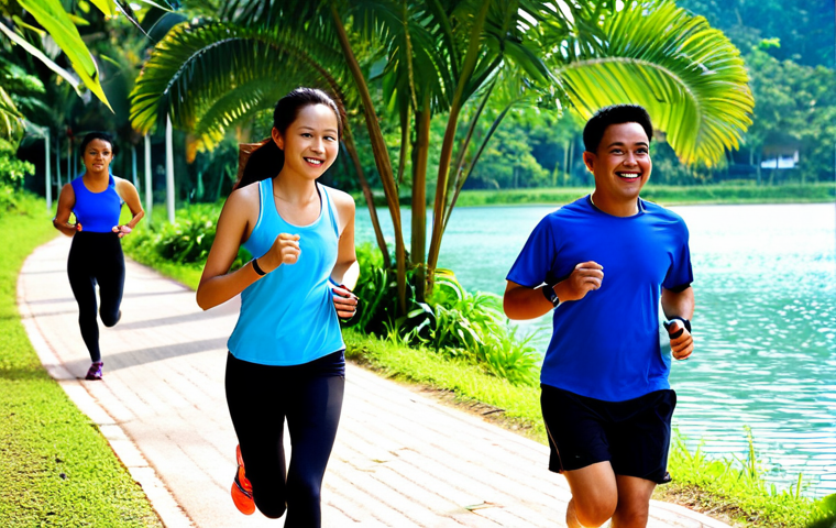 A vibrant scene of a fit individual, ethnically diverse (reflecting Malaysian demographics), joyfully jogging along the scenic lakeside path of a tranquil 'blue zone' in Malaysia, akin to Perdana Botanical Garden or Putrajaya Lake. They are wearing a modern smartwatch, subtly displaying personalized health data or a route recommendation on its screen. The environment is lush with tropical greenery and crystal-clear blue water, illuminated by warm, inviting sunlight. The image should convey a sense of modern technology seamlessly enhancing a natural, invigorating exercise experience. Realistic, dynamic composition, high detail.