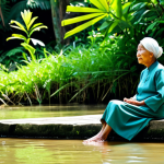 A wise elderly Malaysian woman with a gentle and contemplative expression, wearing a modest, fully clothed, traditional baju kurung. She is sitting serenely by the bank of a clear, slow-flowing river in a lush tropical kampung setting, gently dipping her feet in the water. Sunlight filters through dense green foliage, creating a peaceful atmosphere. Perfect anatomy, correct proportions, natural pose, well-formed hands, proper finger count, natural body proportions. Professional photography, high resolution, natural lighting, safe for work, appropriate content, fully clothed, modest clothing, family-friendly.