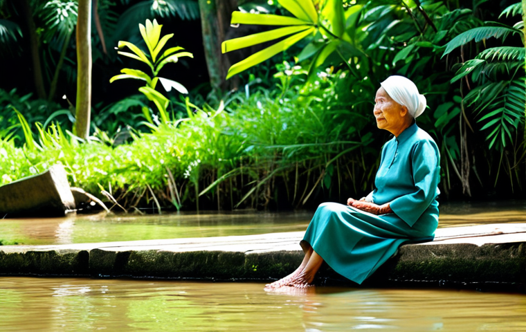 A wise elderly Malaysian woman with a gentle and contemplative expression, wearing a modest, fully clothed, traditional baju kurung. She is sitting serenely by the bank of a clear, slow-flowing river in a lush tropical kampung setting, gently dipping her feet in the water. Sunlight filters through dense green foliage, creating a peaceful atmosphere. Perfect anatomy, correct proportions, natural pose, well-formed hands, proper finger count, natural body proportions. Professional photography, high resolution, natural lighting, safe for work, appropriate content, fully clothed, modest clothing, family-friendly.