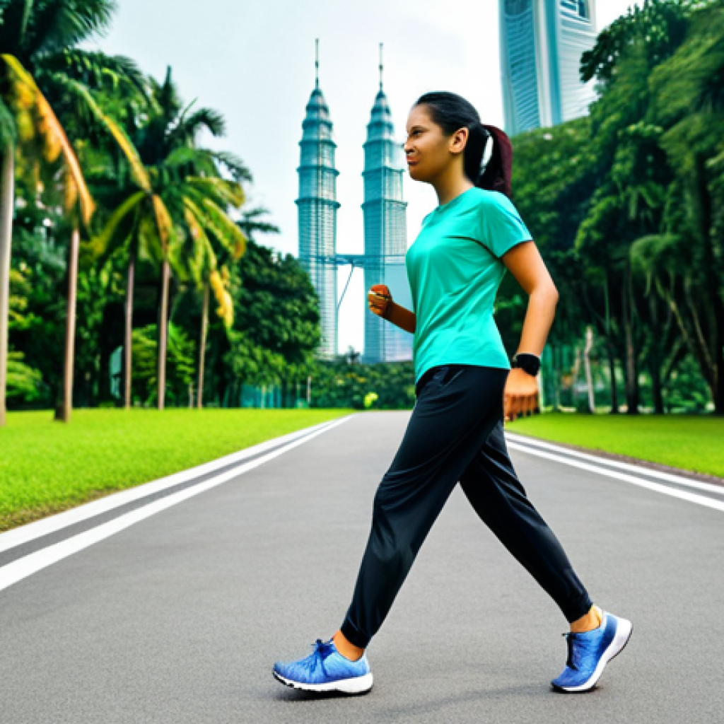 **

"A Malaysian woman in her late 20s, fully clothed in modest sports attire (track pants and a t-shirt with sleeves), jogging in a lush, green park in Kuala Lumpur. The Petronas Twin Towers are visible in the background. She's wearing appropriate running shoes and a fitness tracker. Safe for work, appropriate content, professional, perfect anatomy, natural pose, well-formed hands, proper finger count, natural body proportions. Bright daylight, healthy lifestyle."

**