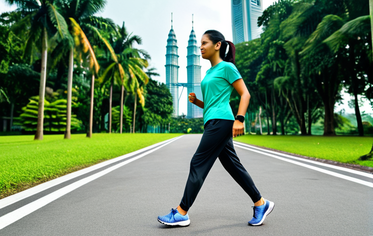 **

"A Malaysian woman in her late 20s, fully clothed in modest sports attire (track pants and a t-shirt with sleeves), jogging in a lush, green park in Kuala Lumpur. The Petronas Twin Towers are visible in the background. She's wearing appropriate running shoes and a fitness tracker. Safe for work, appropriate content, professional, perfect anatomy, natural pose, well-formed hands, proper finger count, natural body proportions. Bright daylight, healthy lifestyle."

**