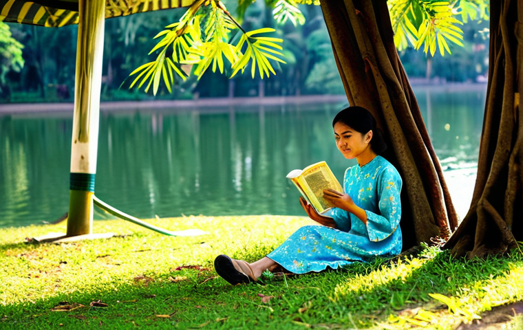 Relaxing at a Local Park**

A woman wearing a modest baju kurung is relaxing by a serene lake in Taman Botani Perdana, Kuala Lumpur. She's reading a book under the shade of a leafy tree. The scene is bathed in the soft, golden light of the late afternoon. In the background, families are enjoying picnics. Perfect anatomy, correct proportions, natural pose, fully clothed, appropriate attire, safe for work, professional photography, high quality, modest, family-friendly.

**