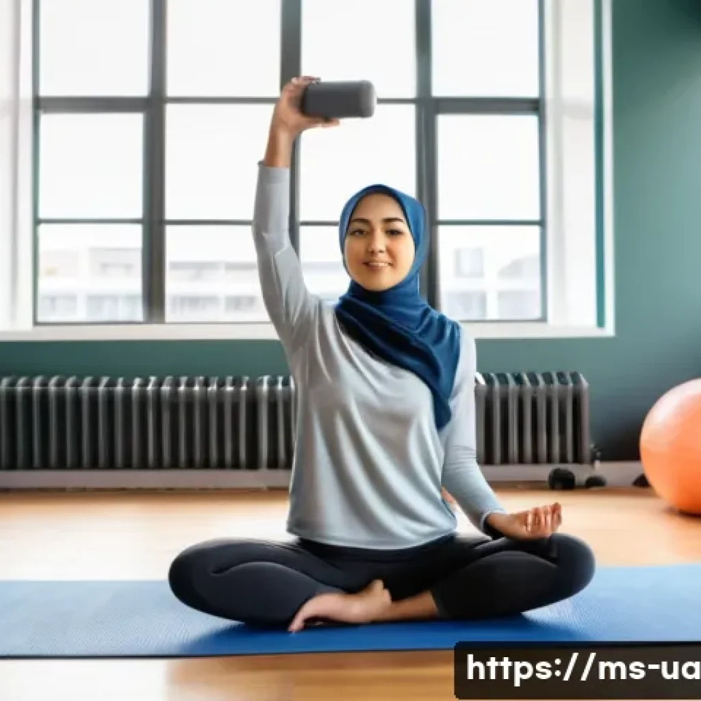 블루 운동 처방을 위한 시간 관리 전략 - A focused Malay woman in her early 30s wearing comfortable sportswear and a hijab, performing light ...