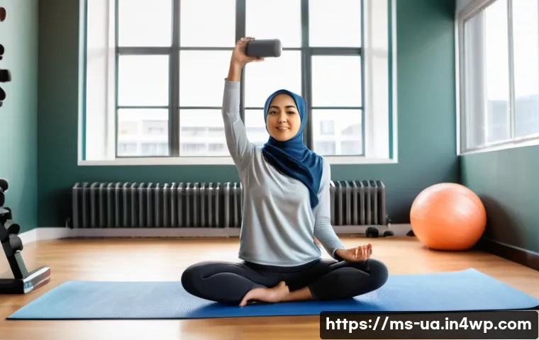 블루 운동 처방을 위한 시간 관리 전략 - A focused Malay woman in her early 30s wearing comfortable sportswear and a hijab, performing light ...