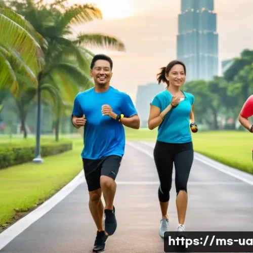 블루 운동 처방과 체중 조절 - A diverse group of Malaysian adults exercising outdoors in a lush urban park setting during early mo...