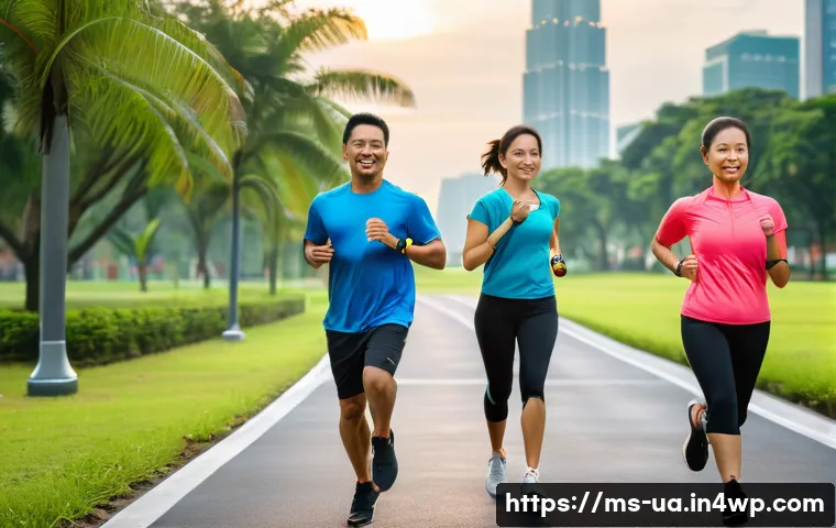 블루 운동 처방과 체중 조절 - A diverse group of Malaysian adults exercising outdoors in a lush urban park setting during early mo...