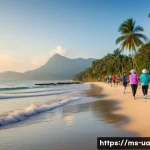 Home 22 블루 운동 처방을 위한 실천 사례 - A serene coastal scene at sunrise featuring a diverse group of adults and elderly people engaging in...