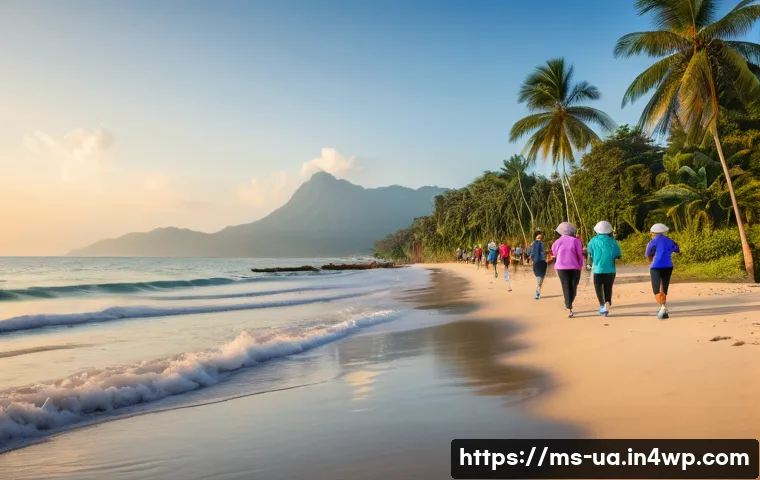 블루 운동 처방을 위한 실천 사례 - A serene coastal scene at sunrise featuring a diverse group of adults and elderly people engaging in...