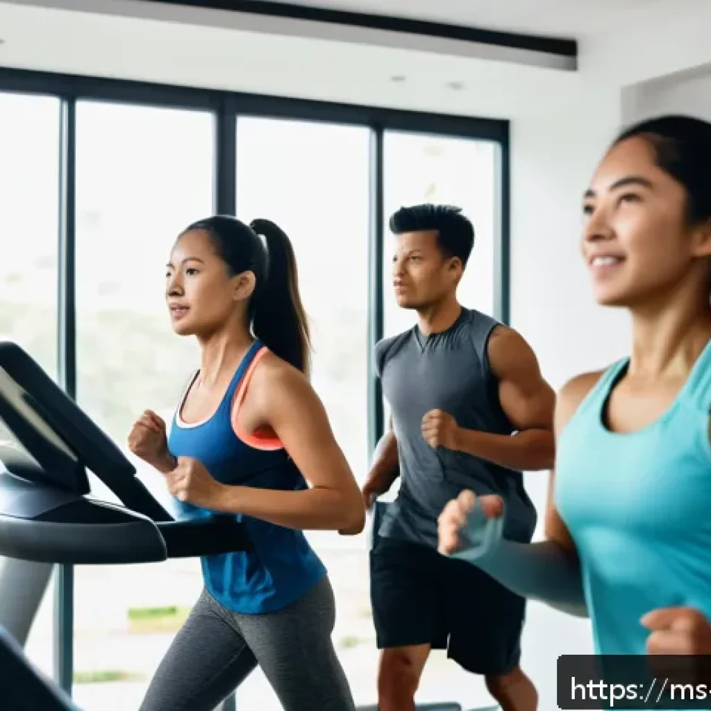 블루 운동 처방과 연령별 운동 특성 - A vibrant fitness scene featuring three Southeast Asian individuals exercising in a bright, modern h...