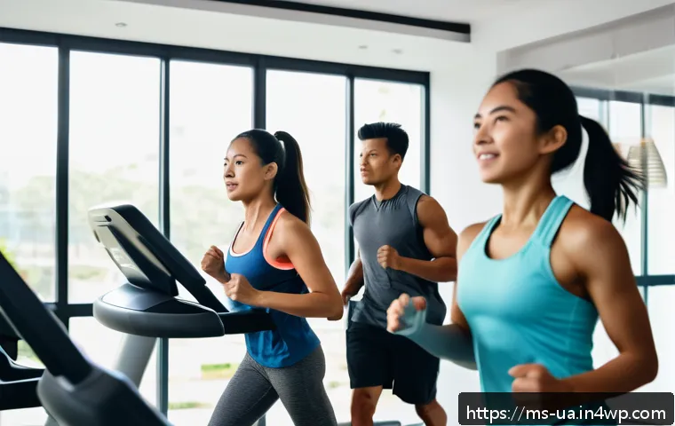 블루 운동 처방과 연령별 운동 특성 - A vibrant fitness scene featuring three Southeast Asian individuals exercising in a bright, modern h...