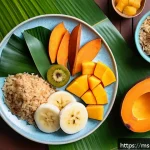 Home 20 블루 운동 처방을 위한 음식 조절 방법 - A vibrant and detailed overhead shot of a traditional Malaysian meal spread emphasizing complex carb...