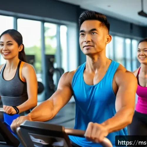 Home 31 블루 운동 처방의 개인별 맞춤 설계 - A diverse group of Malaysian adults exercising in a modern gym setting, each person engaged in perso...