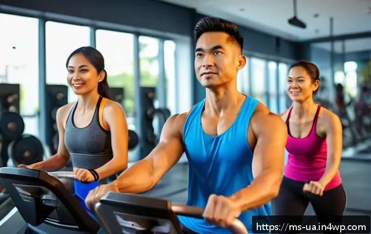 블루 운동 처방의 개인별 맞춤 설계 - A diverse group of Malaysian adults exercising in a modern gym setting, each person engaged in perso...