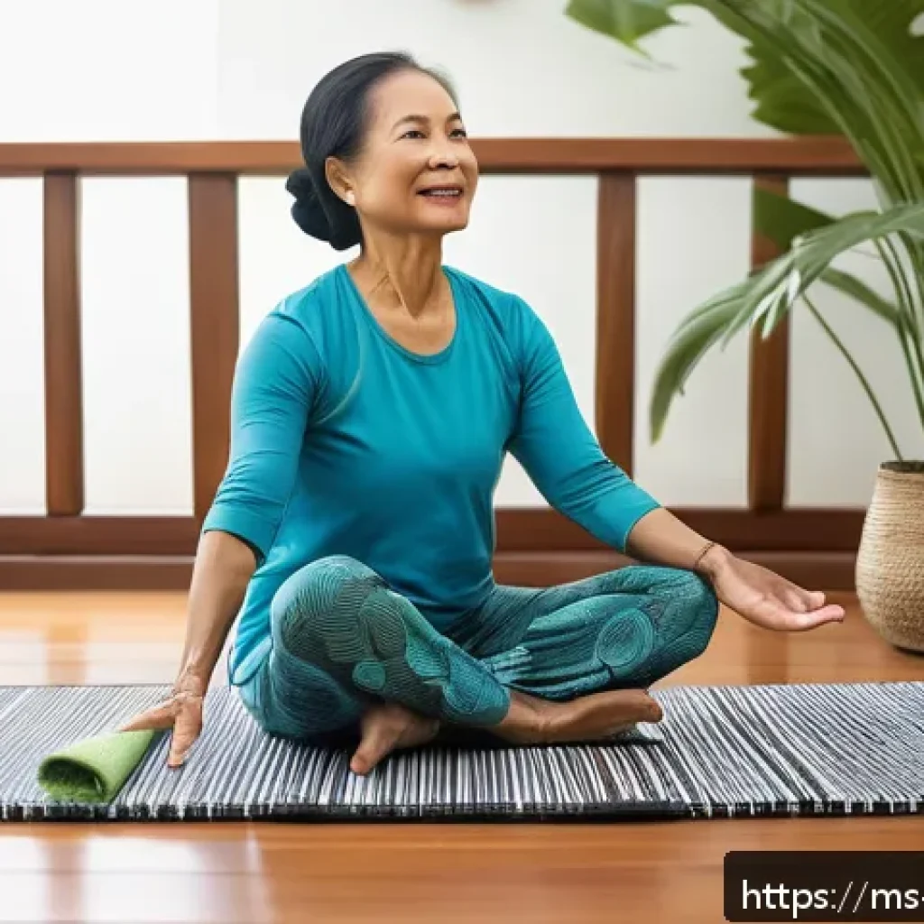 블루 운동 처방을 위한 추천 운동 - A serene indoor exercise space in a Malaysian home, featuring a middle-aged Malay woman wearing comf...