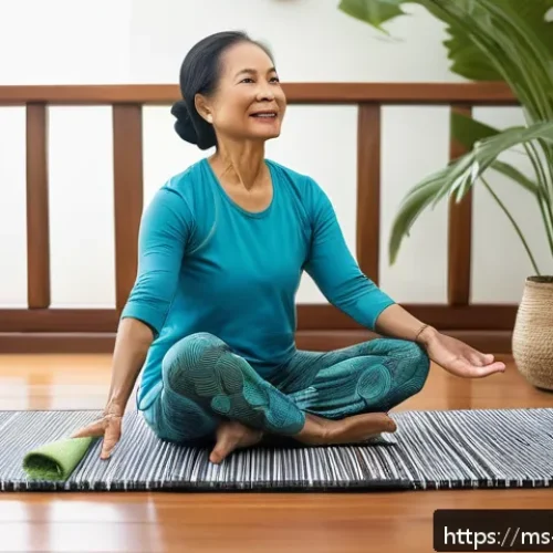 Home 30 블루 운동 처방을 위한 추천 운동 - A serene indoor exercise space in a Malaysian home, featuring a middle-aged Malay woman wearing comf...