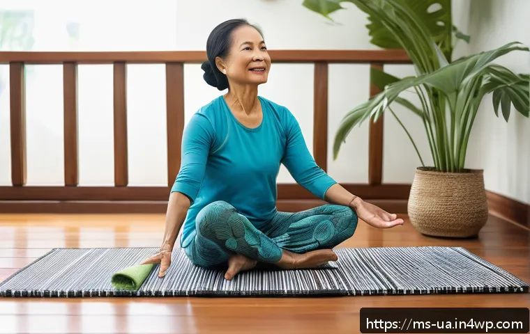 블루 운동 처방을 위한 추천 운동 - A serene indoor exercise space in a Malaysian home, featuring a middle-aged Malay woman wearing comf...