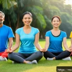 Home 23 블루 운동 처방의 연구 결과 비교 - A diverse group of Malaysian adults practicing Blue Exercise in a serene outdoor park setting during...