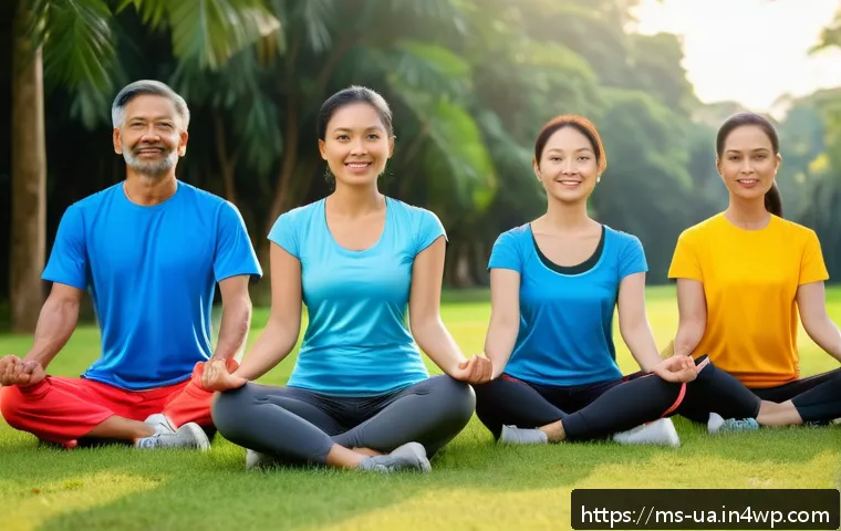 블루 운동 처방의 연구 결과 비교 - A diverse group of Malaysian adults practicing Blue Exercise in a serene outdoor park setting during...