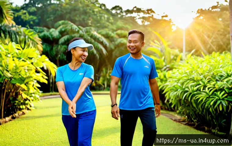 Home 17 블루 운동 처방의 단기 및 장기 효과 - Photorealistic morning scene in a Malaysian community park, middle-aged Malay man and woman in modes...