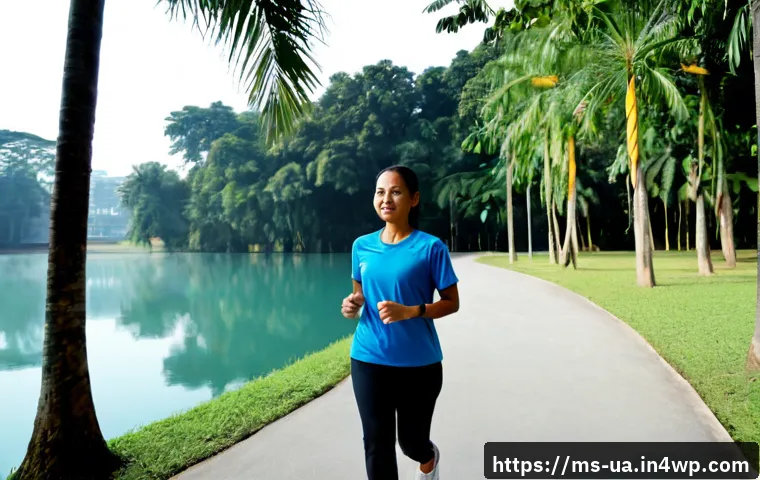 Home 17 블루 운동 처방과 정신적 회복력의 관계 - Photorealistic Malaysian woman in modest athletic wear following a personalized outdoor exercise rou...